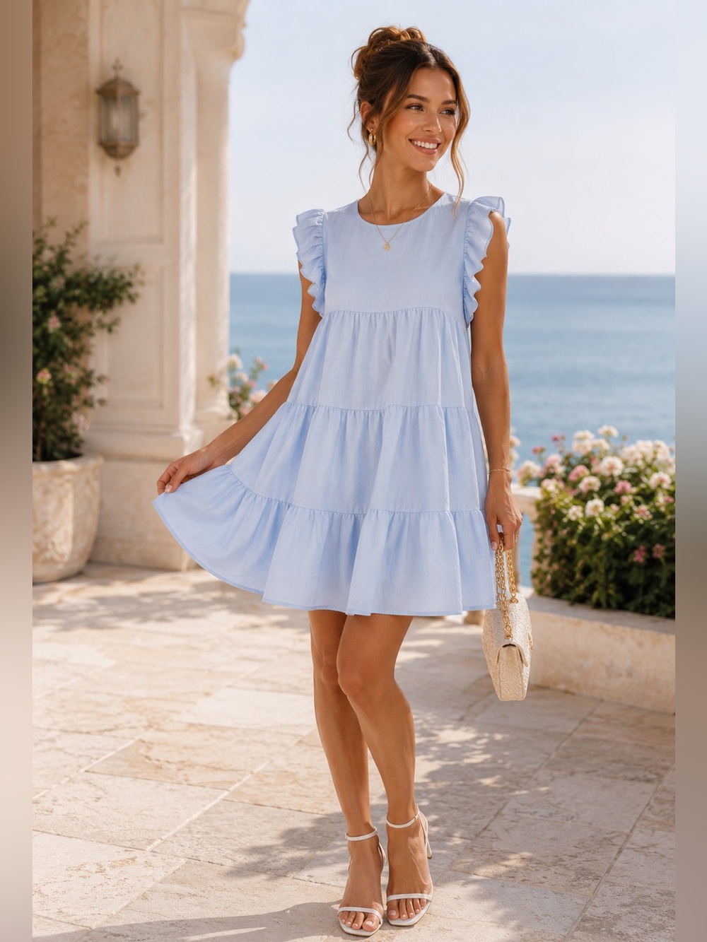 Coastal Charm Preppy Babydoll Blue Tiered Babydoll Dress | M/L